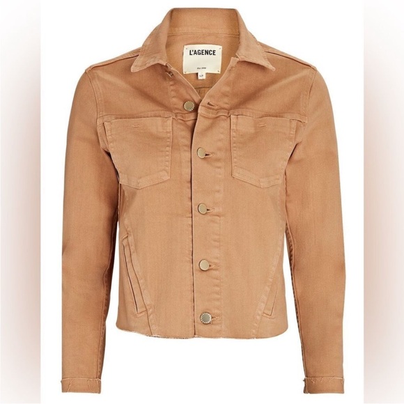 L’AGENCE NWT Janelle Cropped Denim Jacket in Dark Camel Size Medium MSRP $420 - Picture 1 of 6